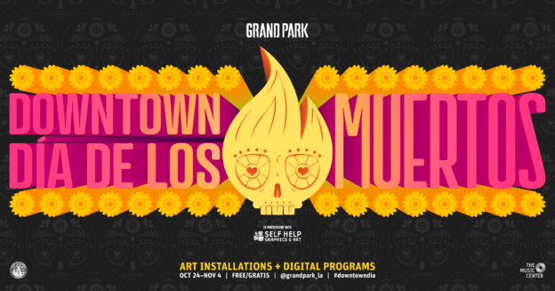 Grand Park Downtown Dia de los Muertos 2020 black background, yellow skull with flame, pink text